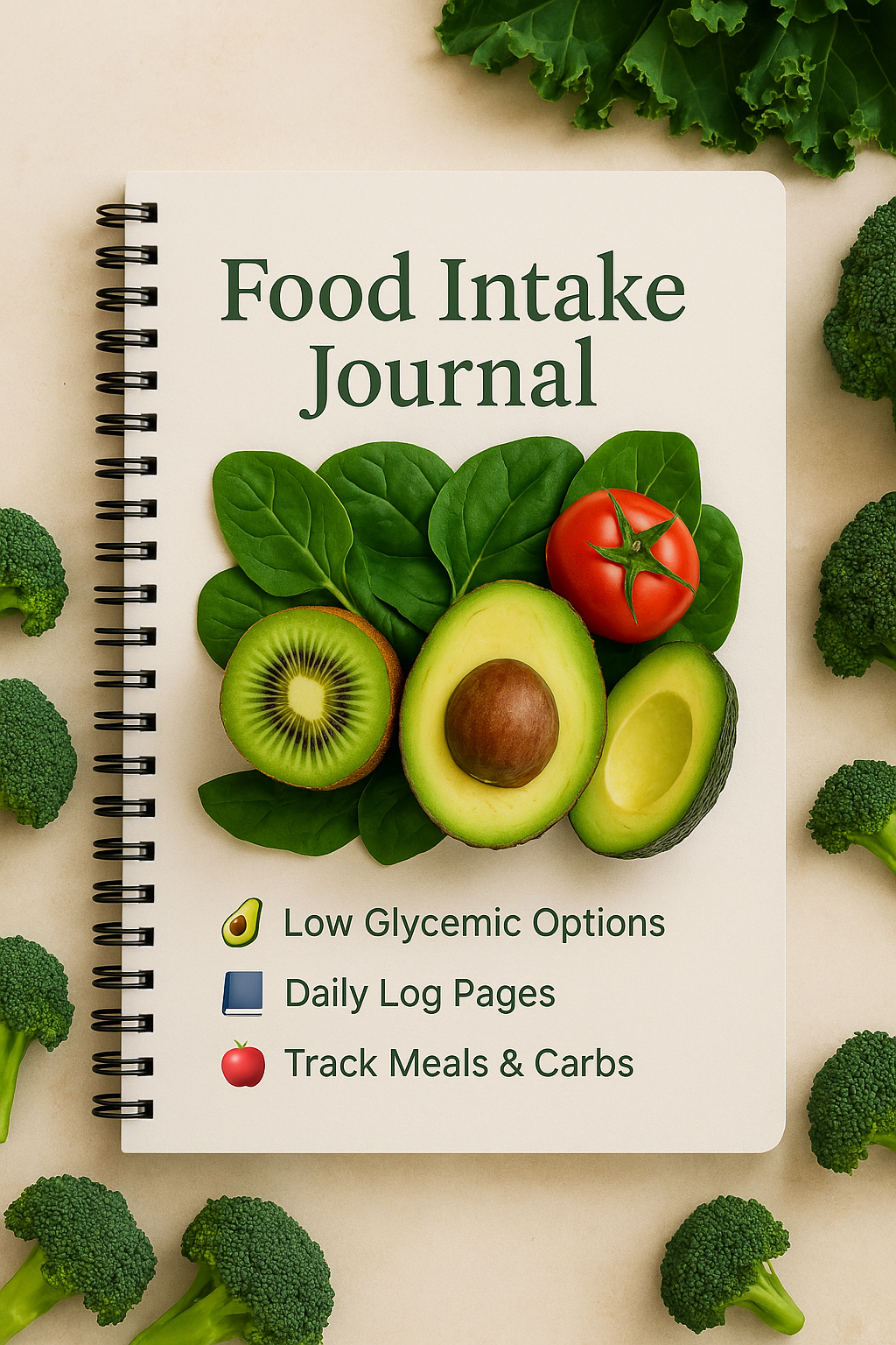 Food Intake Journal cover with leafy greens and avocado